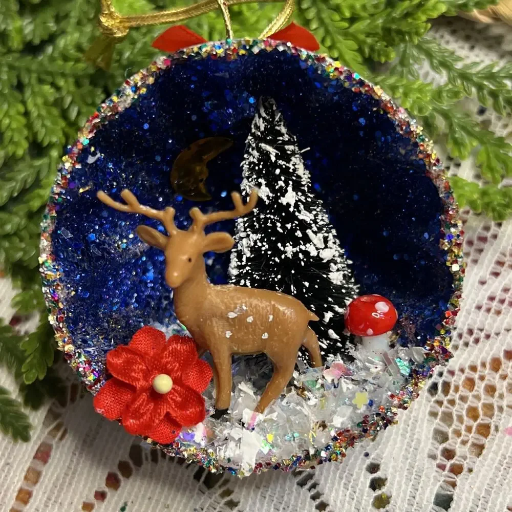 Vintage Round Tart Tin Deer Tree Mushroom Diorama Mid Century Reindeer Ornament